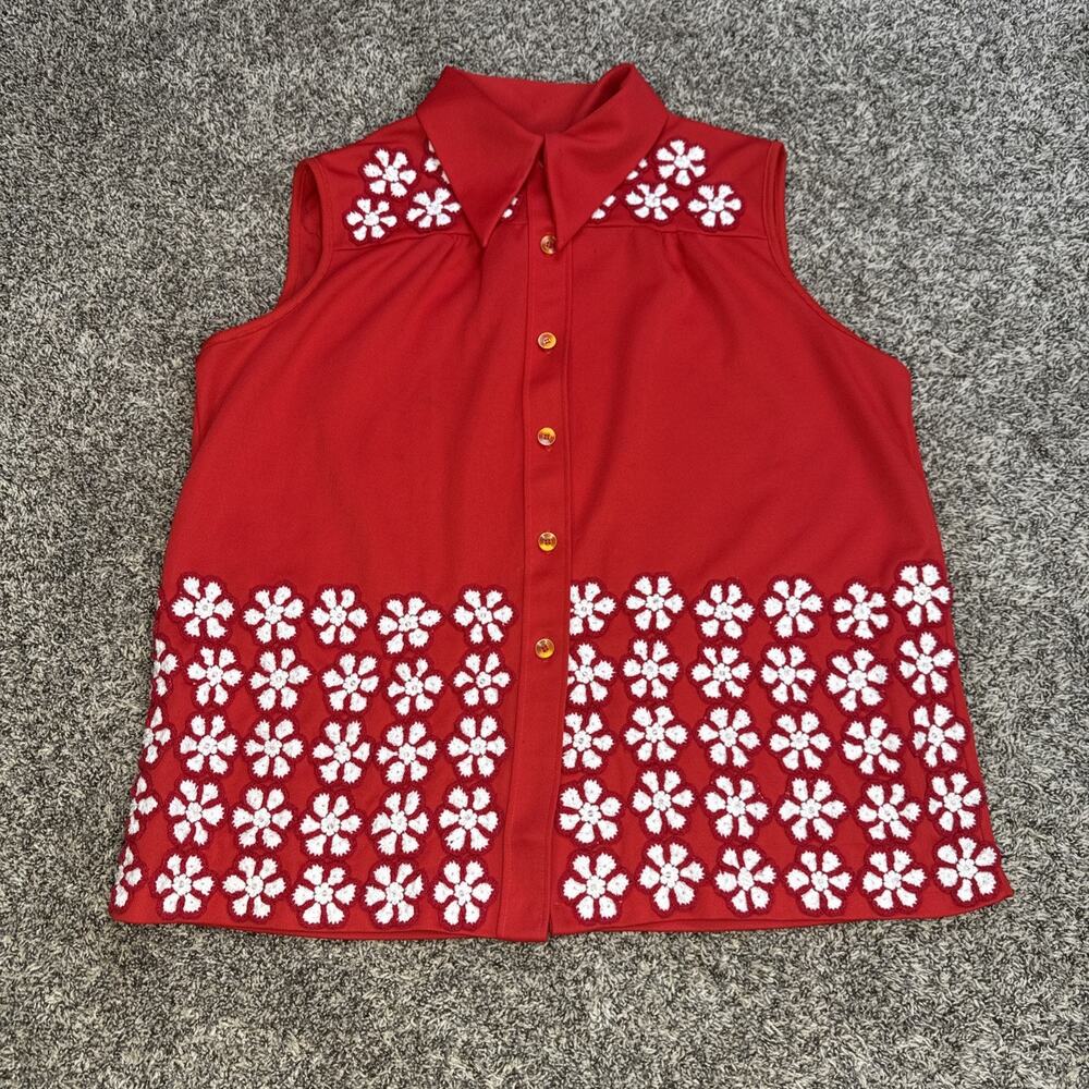 Vintage Womens 70's‎ Red Collared Polyester Button Up Tank Top Flowers Size L